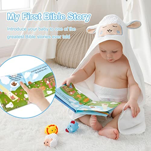 Baby in lamb hood reads Bible storybook with toys.