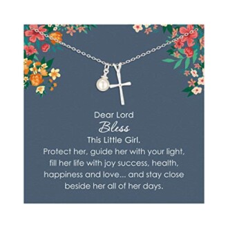 Necklace with cross and pearl on floral background with blessing text.