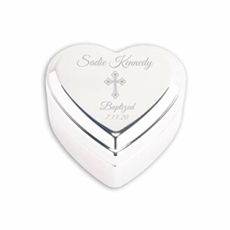 Heart-shaped silver keepsake box with cross engraving and baptism date.