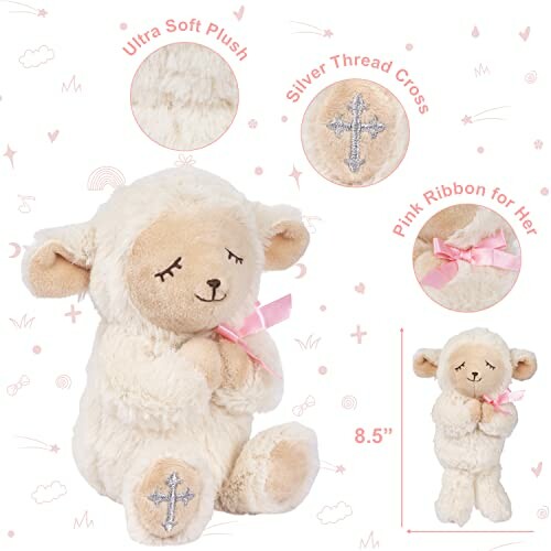 Soft plush lamb toy with silver thread cross and pink ribbon.