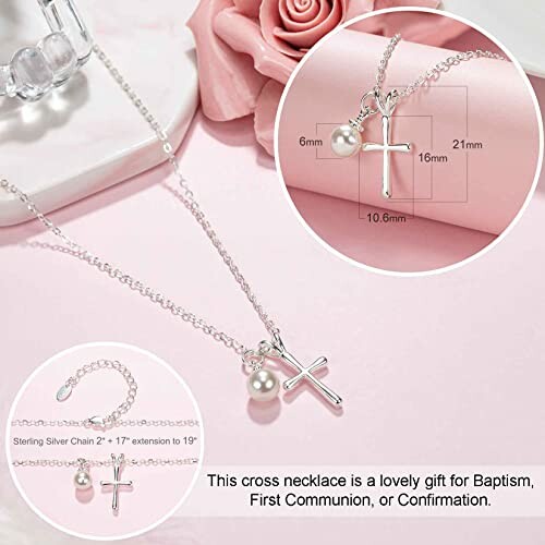 Silver cross and pearl necklace on pink background with gift suggestion.