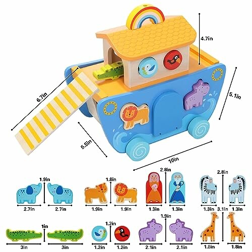 Wooden animal shape sorter toy with various animal pieces.