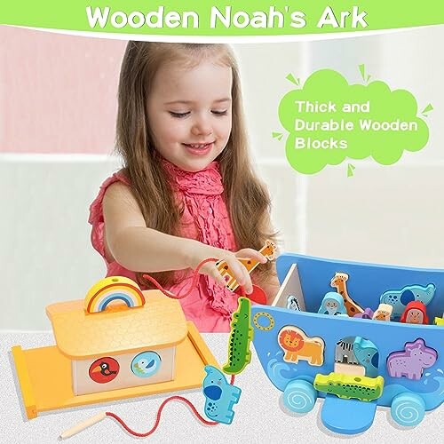 Child playing with wooden Noah's Ark toy set.